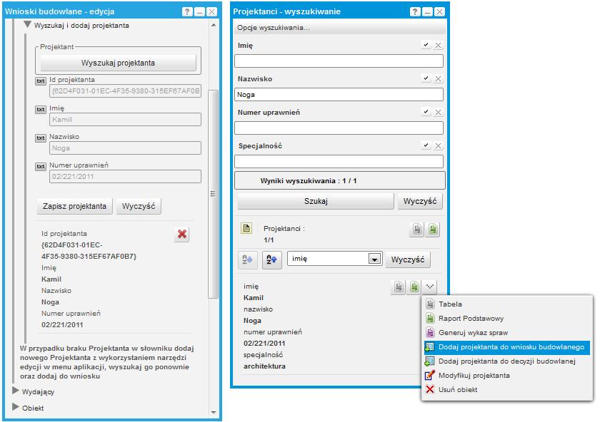 Po dodaniu Podmiotu (Projektanta) w formatce edycyjnej pojawia się lista dodanych obiektów.