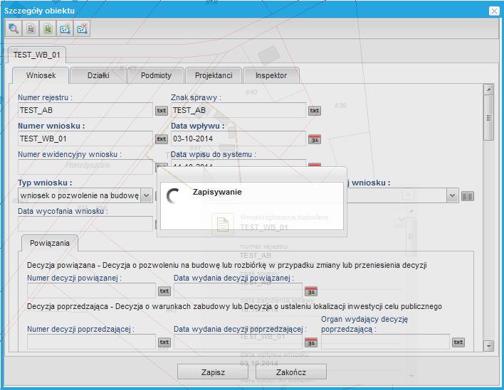 naciska Zapisz. Zapisane zostają obiekty będące w relacji z wnioskiem (w tym działki).