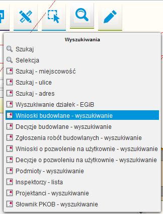 2.2.6. Wnioski budowlane - wyszukiwanie Użytkownik może wyszukad wniosek według wybranych kryteriów wyszukiwania.