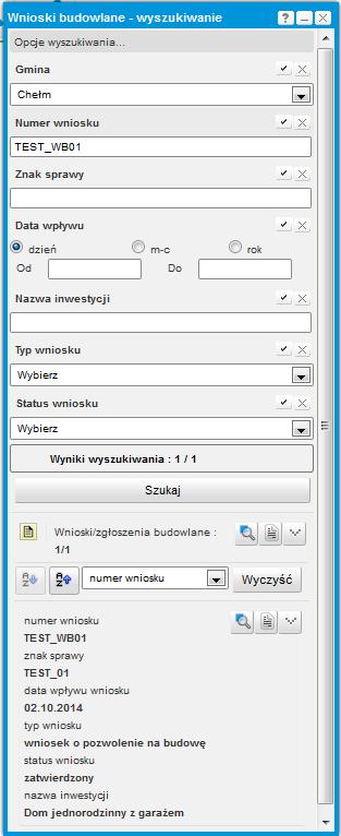 W formatce wyszukiwania wyświetlone zostają wybrane atrybuty. Użytkownik wypełnia wybrane pola i naciska Szukaj.