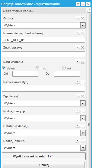 Użytkownik wybiera narzędzie i otwarta zostaje formatka wyszukiwania.