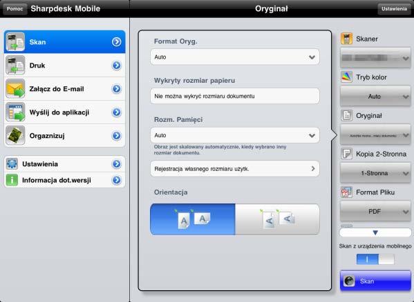 Jeśli wybierzesz skaner, który obsługuje funkcję skanowania z urządzenia mobilnego, wyświetlą się menu ustawień i bieżące ustawienia skanowania.