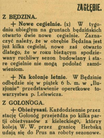 Wycinek pochodzi z Kuriera Zagłębia (marzec 1914 r.
