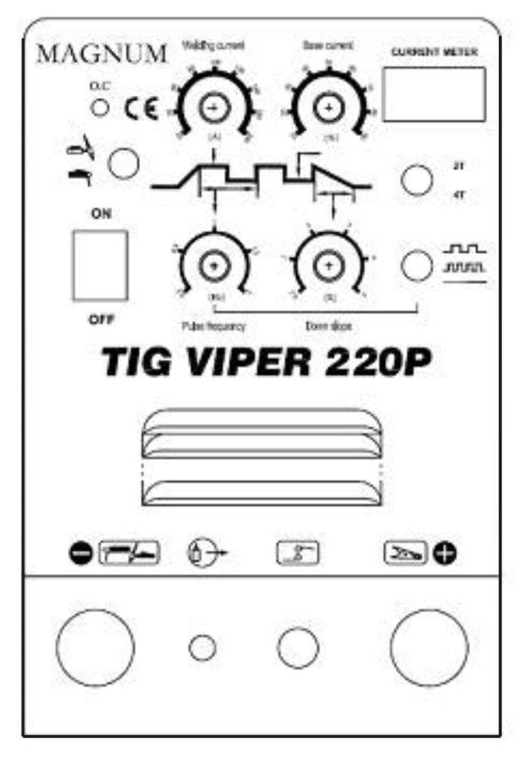 4. OPIS PANELU TIG VIPER 200P-DC 2 3 1 13 4 5 6 12 1. Regulacja częstotliwości pulsu 2. Przełącznik główny, pozycja OFF napięcie odłączone, pozycja ON napięcie załączone 3.