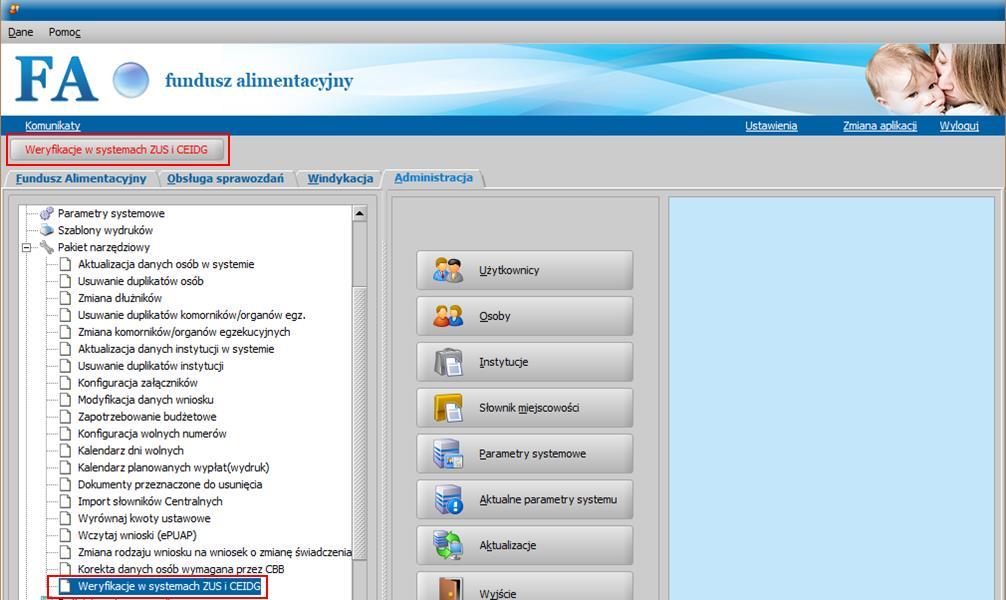 4. Dodanie nowego okna Dokumenty do weryfikacji z ZUS i CEIDG dostępnego z pakietu narzędziowego (Administracja>Pakiet narzędziowy>weryfikacje w systemach ZUS i CEIDG) oraz z listwy górnej okna