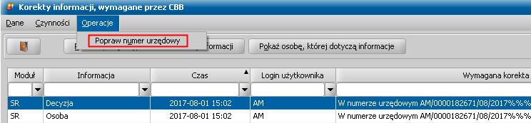 12. Dodanie operacji zmiany numeru urzędowego wniosku, decyzji i odwołania od strony korekt informacji wymaganych przez CBB, która umożliwia poprawę błędu walidacji numeru urzędowego wniosku, decyzji