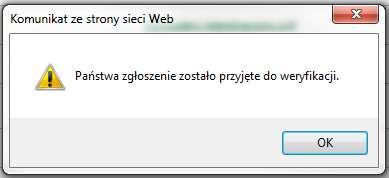 Jeśli dołączono komplet dokumentów, rejestracja zakończy się, nie będzie możliwości usunięcia, ani dodania kolejnych plików, wyświetli się komunikat Zgłoszenie będzie widoczne u Administratora CBKD