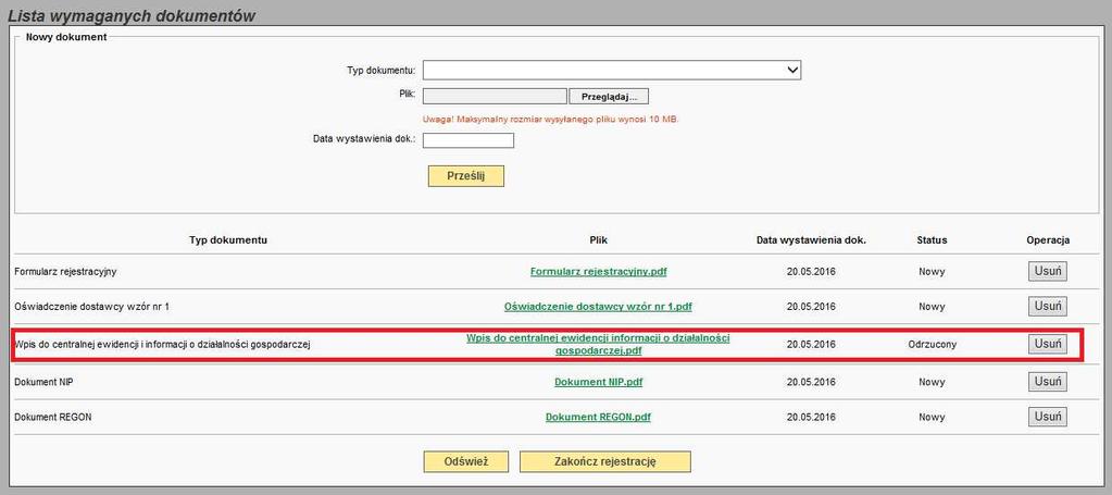 Lista wymaganych dokumentów, gdzie dokument ma status Odrzucony.