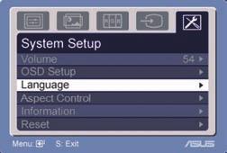 5. System Setup (Ustawienia systemu) Umożliwia regulację systemu. Aspect Control Information All Reset Volume (Głośność): zakres regulacji wynosi od 0-100.