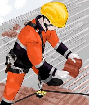 14. Pracujący na dachu muszą stosować hełmy ochronne z paskiem zabezpieczającym przed jego przypadkowym spadnięciem oraz specjalne obuwie robocze, o spodach zmniejszających ryzyko poślizgnięcia się