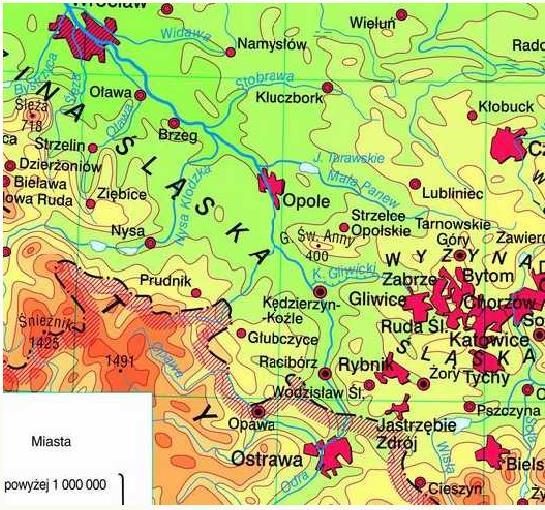 Ocena wpływu stężeń zanieczyszczeń powietrza w GOP-ie 527 Rys. 2. Mapa okolic Opola i Kędzierzyna-Koźla; Źródło: http://www.swiatpodrozy.pl Fig. 2. Map of the area of Opole and Kędzierzyn-Koźle; Source: http://www.