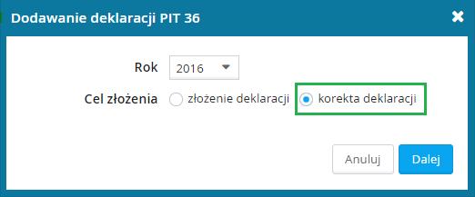 Korekta zeznania rocznego z działalności gospodarczej W celu wygenerowania korekty zeznania rocznego w systemie należy przejść do zakładki: BIURO» DEKLARACJE» ROCZNE» DODAJ DEKLARACJE i wybrać