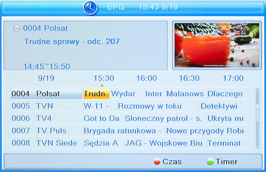 Instrukcja obsługi EPG / Rozwiązywanie problemów Elektroniczny przewodnik po kanałach (EPG) 1. Aby wyświetlić na ekranie przewodnik EPG, należy nacisnąć przycisk EPG na pilocie zdalnego sterowania. 2.