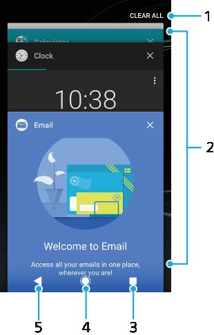 Omówienie nawigowania po aplikacjach 1 Usuń wszystkie umożliwia zamknięcie wszystkich ostatnio używanych aplikacji. 2 Okno ostatnio używanych aplikacji umożliwia otwarcie ostatnio używanej aplikacji.