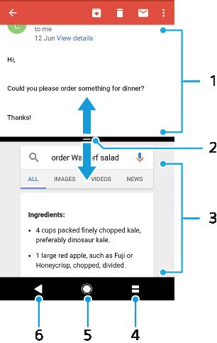1 Aplikacja 1 2 Granica podzielonego ekranu przeciągając ją, można zmienić rozmiar okien 3 Aplikacja 2 4 Klawisz podziału ekranu umożliwia wybór ostatnio używanej aplikacji 5 Klawisz ekranu głównego