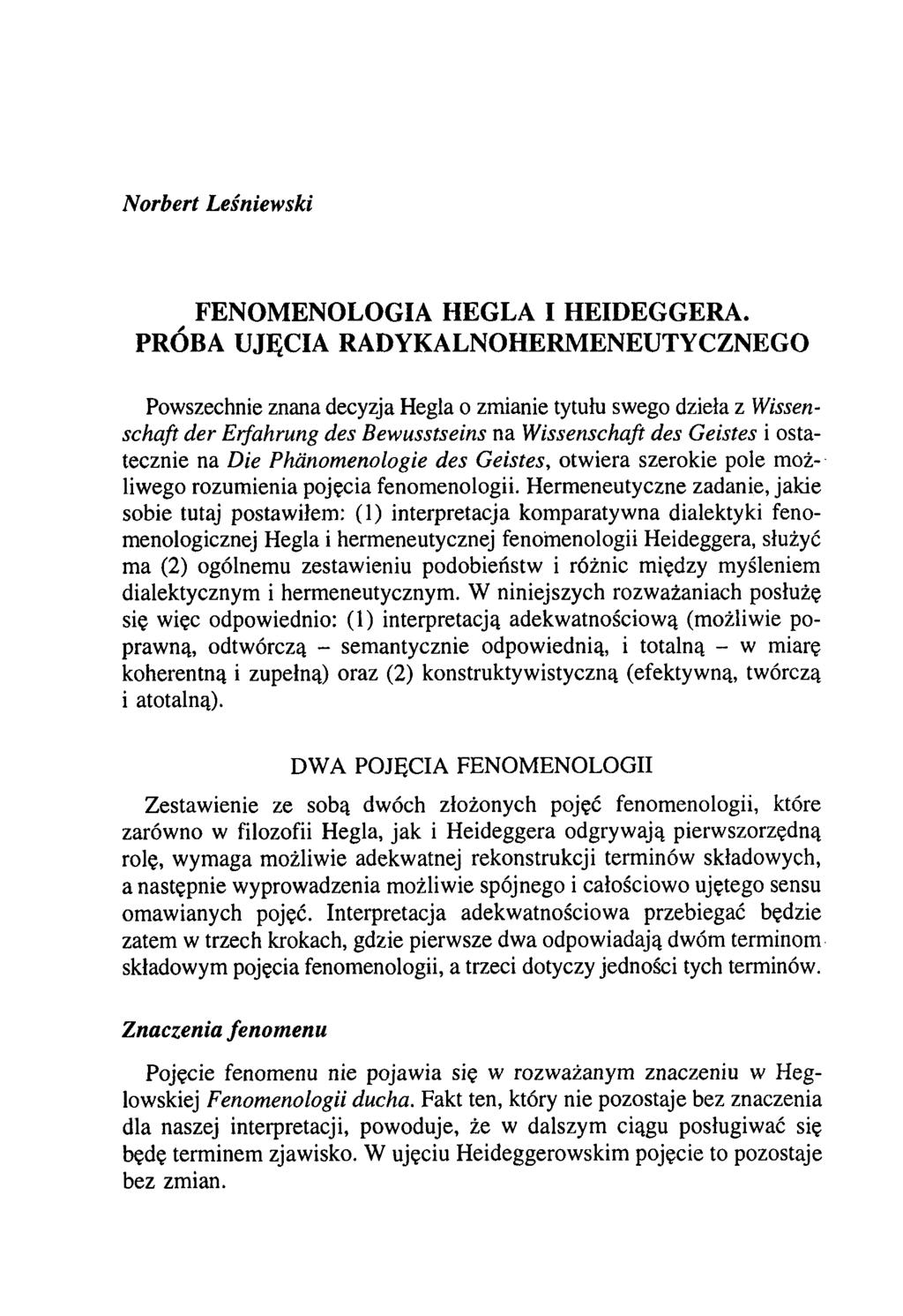 Norbert Leśniewski FENOMENOLOGIA HEGLA I HEIDEGGERA.