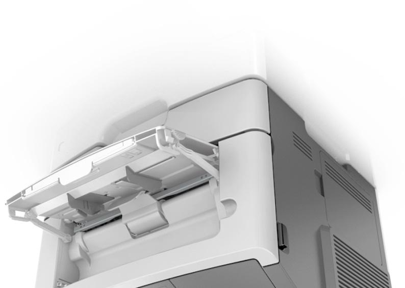 Korzystanie z modelu MS610de 90 Papier firmowy należy ładować stroną do druku skierowaną w górę, najpierw wkładając do drukarki górną krawędź.