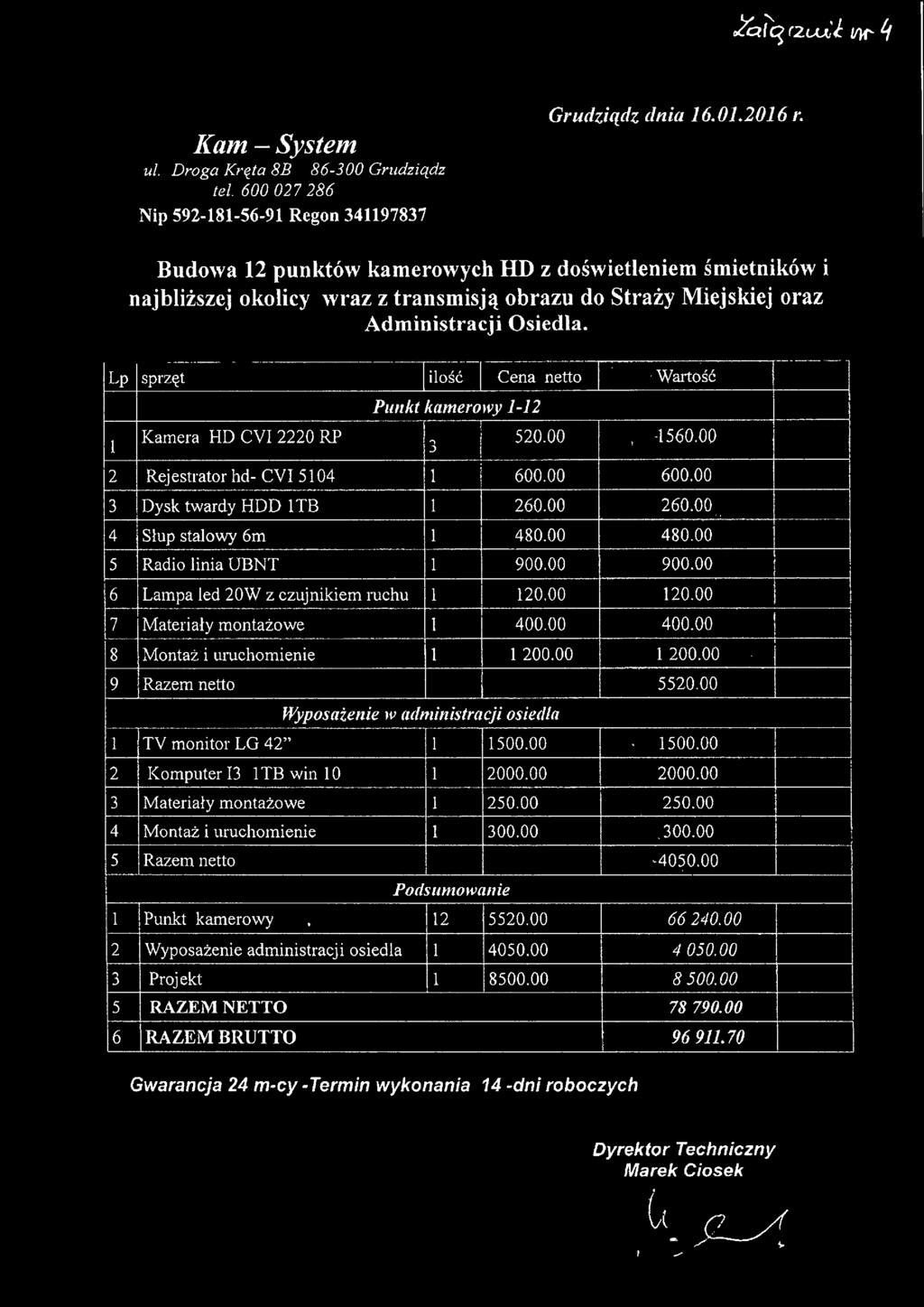 -- - - Va--,--- ------ Lp sprzęt ilość Cena netto :i v. Wartość -,"". Punkt kamerowy 1-12 1 Kamera HD CY 2220 RP,.,.) i- ; 520.00-1560.00 2 Rejestrator hd- CY 5104 l 600.00 v- ~ 600.