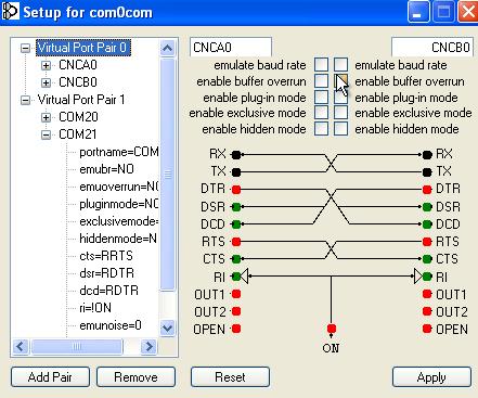 Powinieneś zobaczyd panel konfiguracyjny i sparowane ze sobą porty COM u nas COM20 i COM21. c) Przykład komunikacji pomiędzy portami z wykorzystaniem terminala.