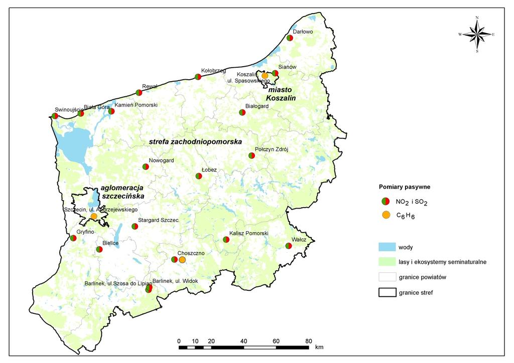 Pomiary pasywne SO 2, NO 2 i benzenu W latach 2013-2015, w stosunku do roku 2012 nie zmieni się liczba punków pomiarów pasywnych SO 2 i NO 2 wykonywanych w cyklach miesięcznych.