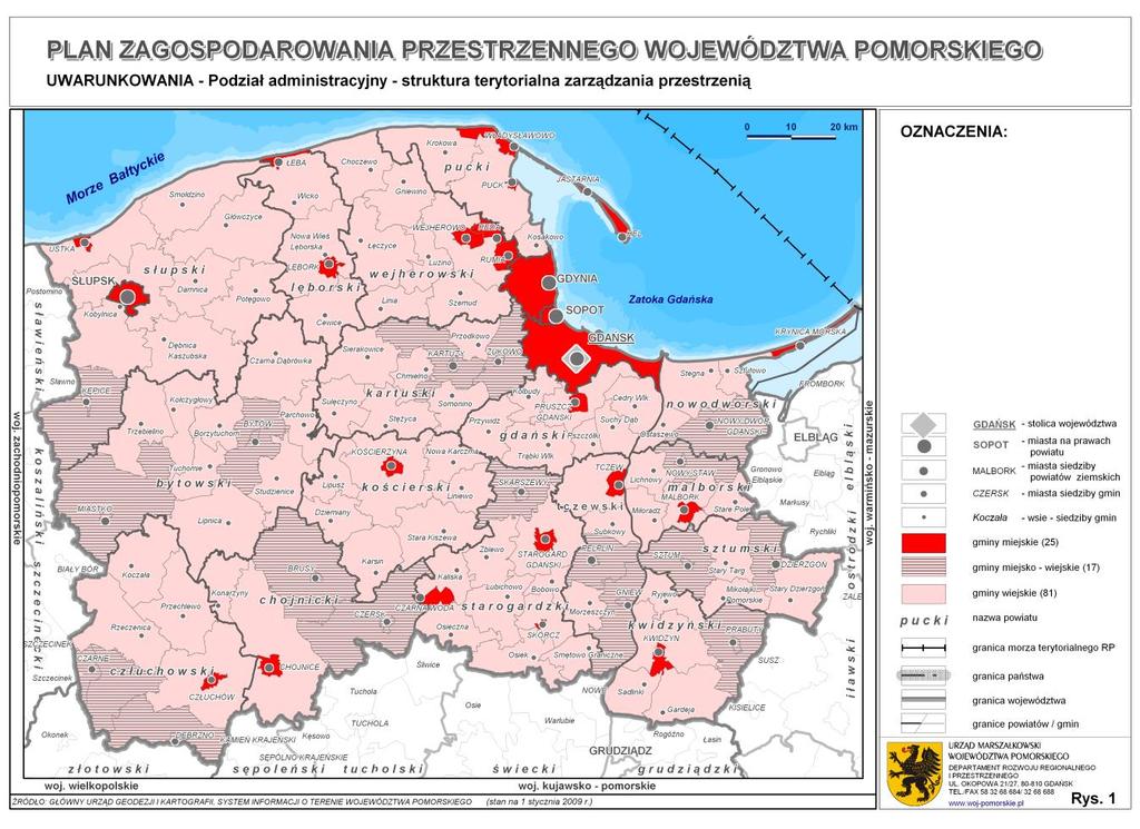 Dziennik Urzędowy Województwa Warmińsko-Mazurskiego 25 Poz. 310 Rys. 2. Podział administracyjny województwa pomorskiego Źródło: Plan Zagospodarowania Przestrzennego Województwa Pomorskiego.