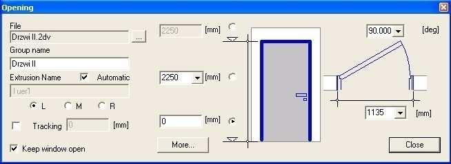 2.3.1 Otwory - Okna i drzwi Okna i drzwi moŝna dodać w cadwork 2D za pomocą funkcji: DODAJ-->ARCHITEKTURA-->DODAJ DRZWI/OKNO. Parametry otworu definiujemy w oknie.
