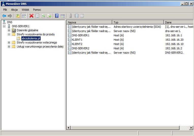 Dzięki temu do zdefiniowanej wcześniej strefy (rys. 24) zostanie dodany rekord autorytatywnego serwera nazw wskazujący na serwer DNS-SERVER2 przechowujący strefę pomocniczą.