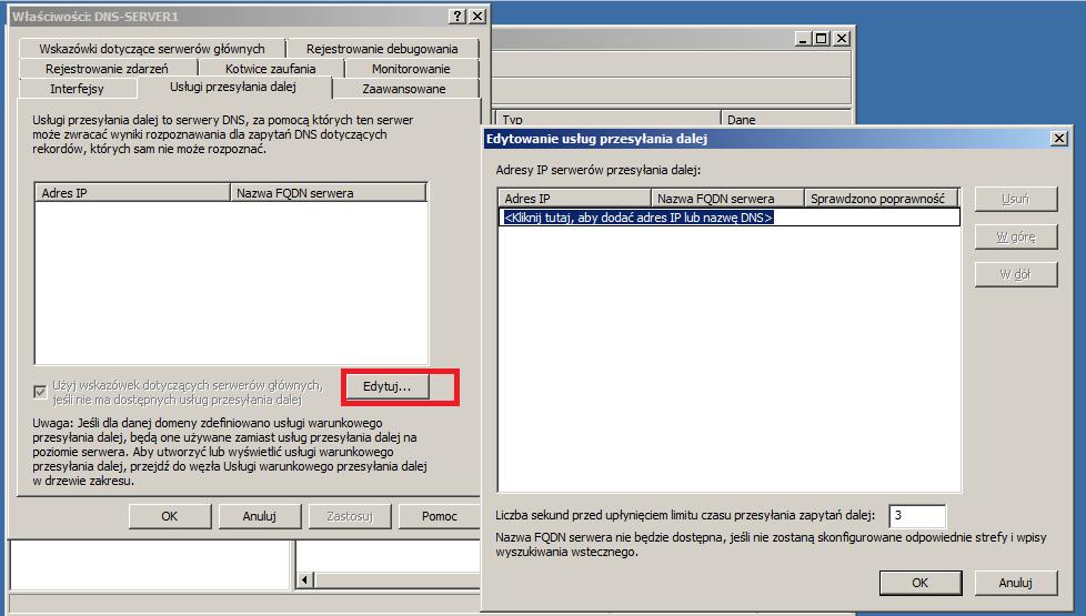 Kolejną niesłychanie istotną opcją jest zdefiniowanie serwerów DNS, do których nasz serwer będzie przekazywał zapytania w przypadku niemożności rozwiązania nazwy (rys. 29).