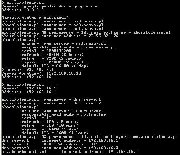 Zmiana odpytywanego serwera Za pomocą polecenia server [IP/DOMENA] możemy zmienić odpytywany przez nas serwer. Możemy użyć zarówno serwerów rekursywnych jak i autorytatywnych.