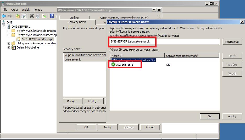 Klikamy Dodaj i dodajemy rekord kolejnego serwera DNS-SERVER2.abcszkolenia.pl.