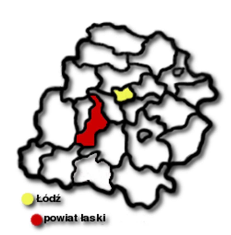 Rysunek 3. Powiat łaski na tle województwa łódzkiego (źródło: grafika Google) Kaliska-Ostrów Wlkp., która uzupełnia dogodne połączenia na tym kierunku.