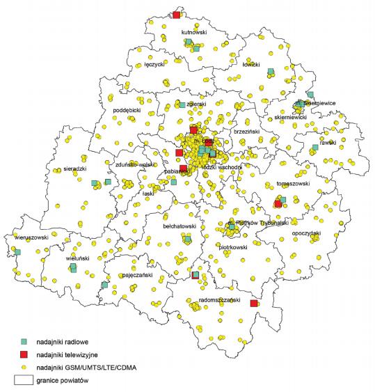 Rysunek 7. Rozmieszczenie nadajników RTV i stacji bazowych GSM/UMTS/CDMA/LTE na terenie woj. łódzkiego w 2014 r.