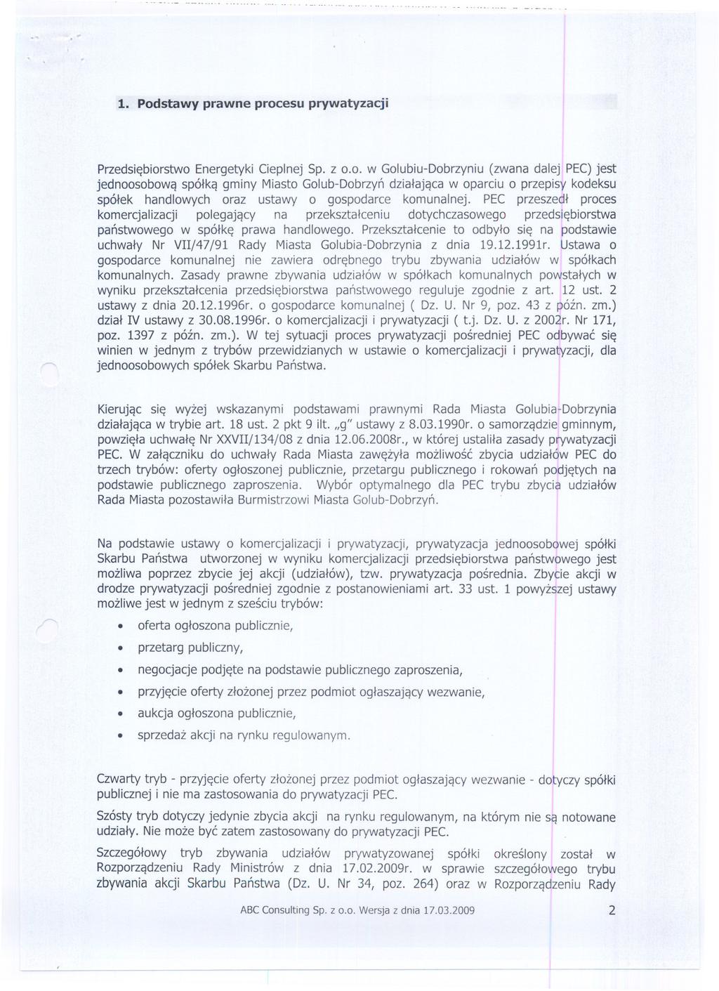 1. Podstawy prawne procesu prywatyzacji Przedsiebiorstwo Energetyki Cieplnej Sp. z 0.