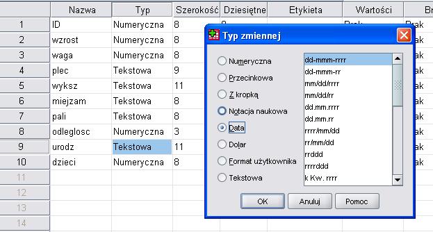 VAR00005 wyksz Tekstowa Poziom wykształcenia VAR00006 miejzam Tekstowa Miejsce zamieszkania VAR00007 pali Tekstowa Palenie tytoniu VAR00008 odleglosc Numeryczna 1 Odległośd do miejsca pracy [km]