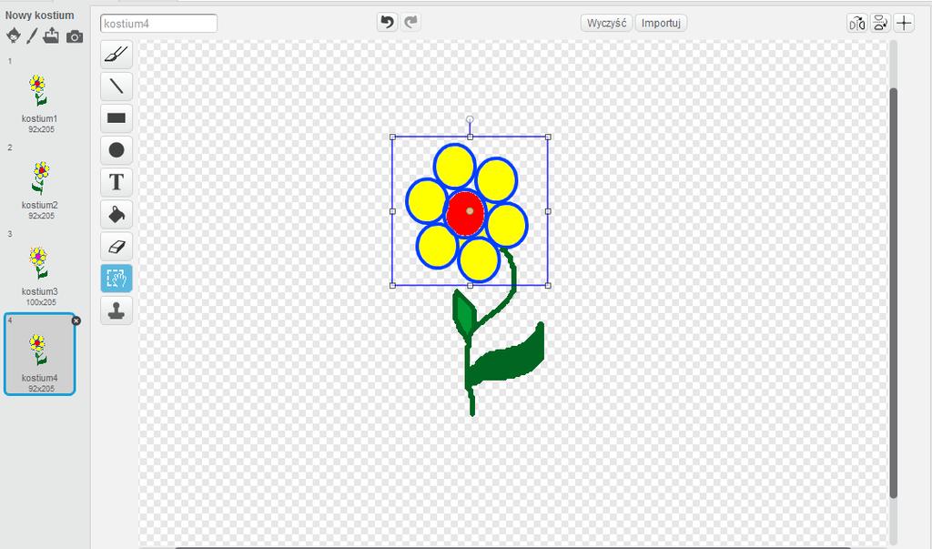 Prosimy, aby uczniowie kliknęli na kostium czwarty zaznaczyli go niebieską ramką, następnie aby za pomocą narzędzia wybierz ( łapki ) zaznaczyli główkę kwiatka.