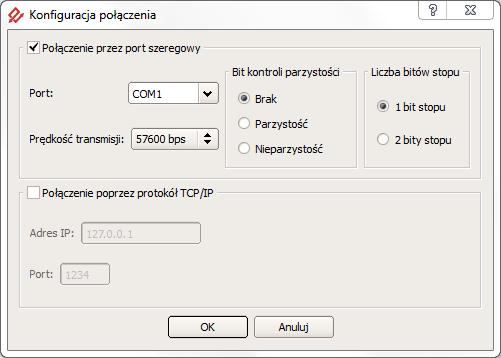 Rys. 11. Okno konfiguracji połączenia Domyślnymi ustawieniami są: komunikacja poprzez port szeregowy, prędkość 57600 bit/s, pierwszy port szeregowy, brak bitu parzystości, jeden bit stopu. 4.2.