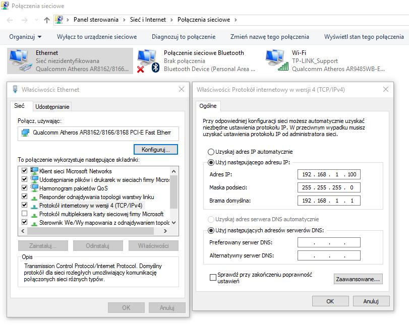 W tym celu należy przejść do: Panel sterowania Centrum sieci i udostępniania Zmień ustawienia karty sieciowej, po czym wejść w Właściwości sieci Ethernet (klikając prawym przyciskiem myszy na ikonę