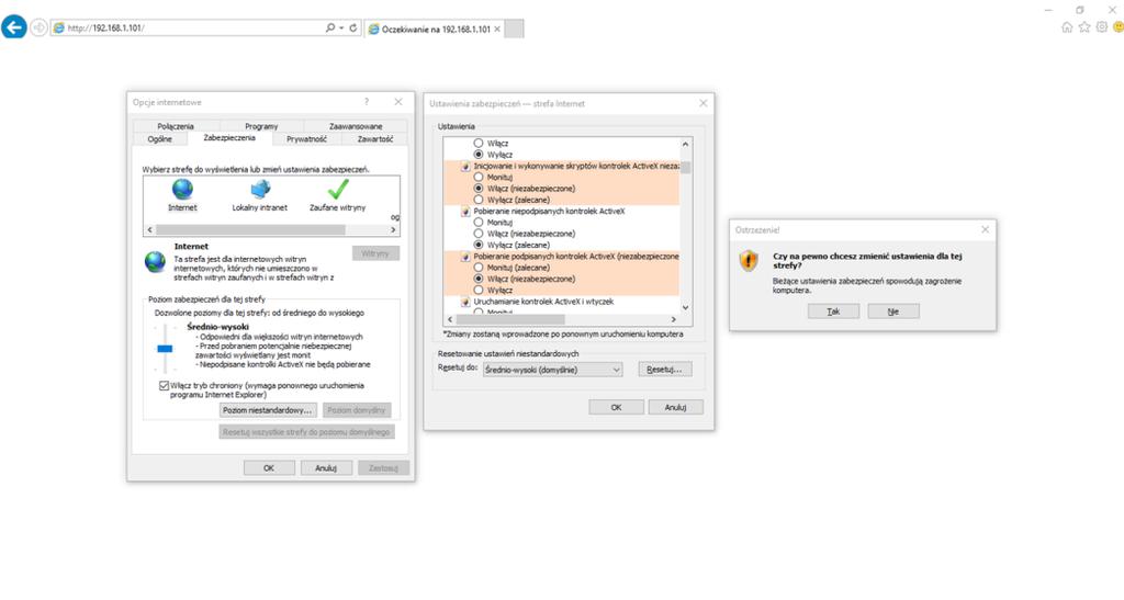 zezwolić przeglądarce na uruchomienie wtyczki ActiveX, poprzez wejście w Opcje internetowe Zabezpieczenia Poziom niestandardowy a następnie zaznaczenie opcji Włącz (niezabezpieczone) przy