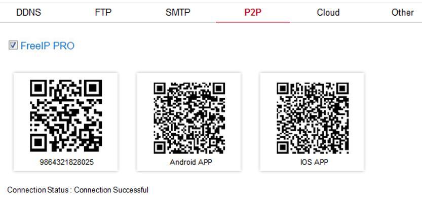 Dane chmury P2P dostępne po wejściu w Configuration Network Advance setup P2P. W zakładce znajdują się kody QR zawierające ID chmury oraz linki do aplikacji na system Android oraz ios.