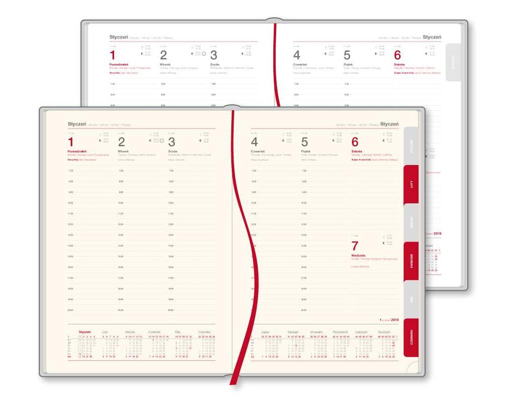 OPIS KALENDARZY 2018 UKŁAD TYGODNIOWY, symbol Mt Układ (tydzień na dwóch stronach) Wymiary kalendarza 16,7 x
