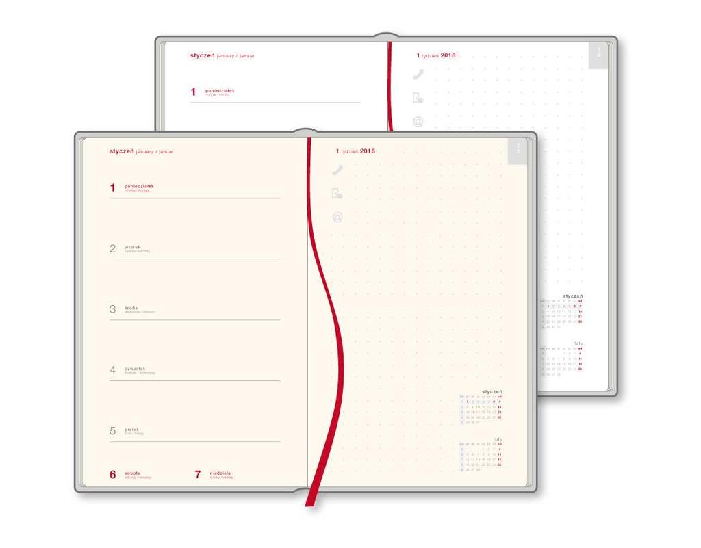 OPIS KALENDARZY 2018 UKŁAD TYGODNIOWY (tydzień na lewej stronie + notatnik na prawej stronie), symbol Kt NOWOŚĆ Układ tydzień na lewej stronie + notatnik na prawej stronie Wymiary kalendarza 13 x