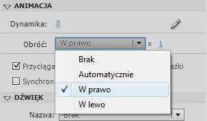 OBRÓT: Przechodzimy teraz do klatki nr 1 (zaznaczasz ją na osi czasu) i w oknie Właściwości w sekcji Animacja ustal opcję Obróć na W prawo i zmień wartość razy (x) na 1: KOLOR: Zaznaczasz klatkę nr.