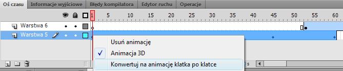 W klatce 53 zaznaczamy nasz nowy obiekt i w panelu Właściwości znów używamy opcji Zmień... Tym razem na podmianę wybieramy klip mc2.