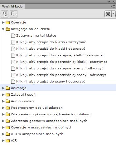 wychodzi panel o nazwie Wycinki kodu, który ułatwia wstawienie kodu ActionScript o bardziej rozbudowanej składni (Rys. 9).