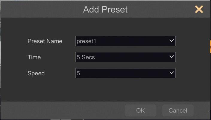 Then select time for holding in chosen preset from TIME field and press OK to save the preset.