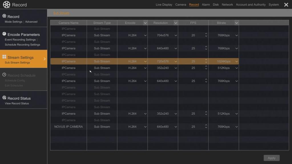 NVR OPERATING NVR-6332-H2,NVR-6316-H1,NVR-6308P8-H1,NVR-6304P4-H1 User s manual ver.1.0 2.3.3.2.Schedule recording settings In this menu it s possible to set the following parameters : ENCODE, RESOLUTION, FPS,BITRATE, AUDIO.