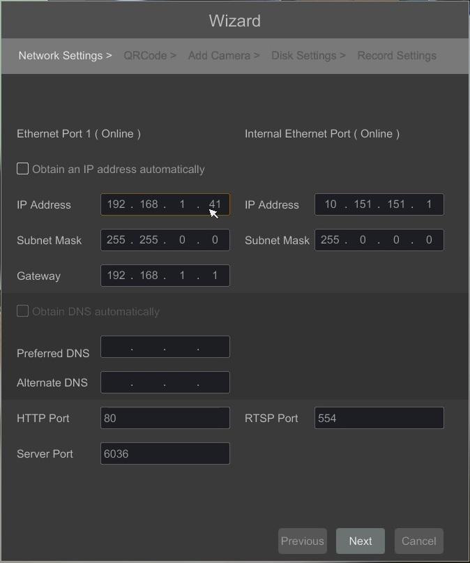 NVR-6332-H2,NVR-6316-H1,NVR-6308P8-H1,NVR-6304P4-H1 User s manual ver.1.0 STARTING THE DEVICE I. Network Settings : This menu allows to set up networking. Default IP configuration is 192.168.1.100 netmask 255.