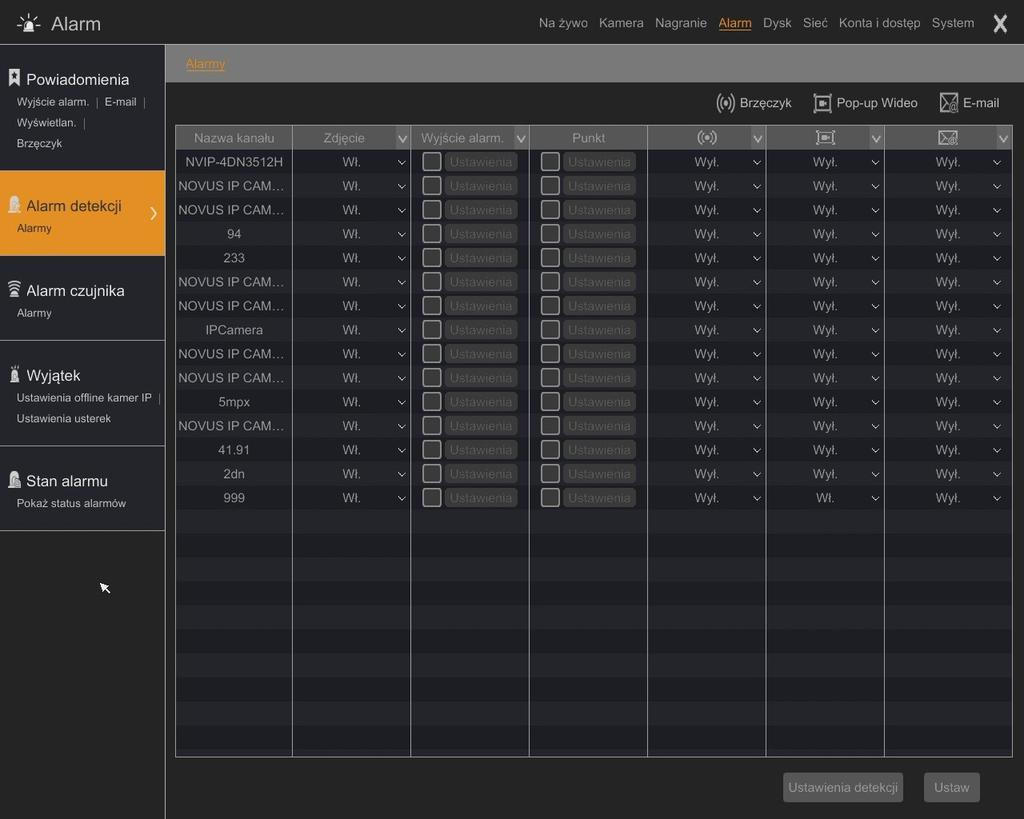 NVR-6332P16-H4,NVR-6332-H2,NVR-6316-H1,NVR-6308P8-H1,NVR-6304P4-H1 Instrukcja obsługi wer.1.0 MENU REJESTRATORA 2.4.2. Alarm detekcji.