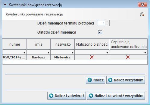 1.3.3 Finanse kwaterunków Aby naliczyć płatności dla danego kwaterunku należy zaznaczyć wybrany, a następnie wybrać Naliczenie ręczne (w przypadku pojedynczych rezerwacji) lub Naliczenie masowe (w