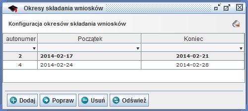 Możliwe akcje: - Filtrowanie filtrowanie po wybranej kolumnie opisane w rozdziale Słowniki i informacje dodatkowe do modułu - Dodaj dodawanie nowego okresu - Popraw poprawianie wybranego okresu -